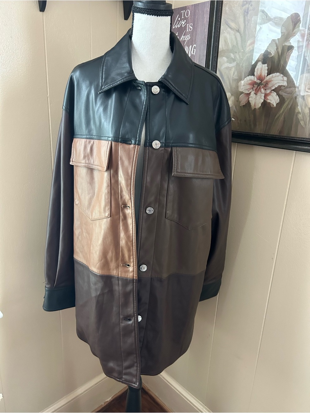 Women Bershka Colorblock Leather Shirt Jacket in Black & Brown size M